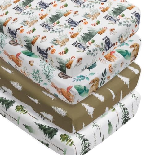 4 Pack Woodland Forest Animals Wood Neutral Unisex Fitted Baby Crib Sheets Set for Baby Boys or Girls (Raccoon, 52 * 28)