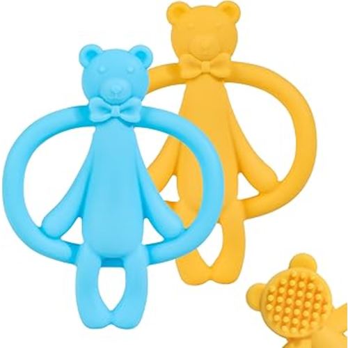 2 Pack Baby Teething Toys for 0-6 6-12 Months, Silicone Baby Bear Teether, Easy to Grip Teether for Babies Infants Boys Girls, BPA Free, Blue and Yellow