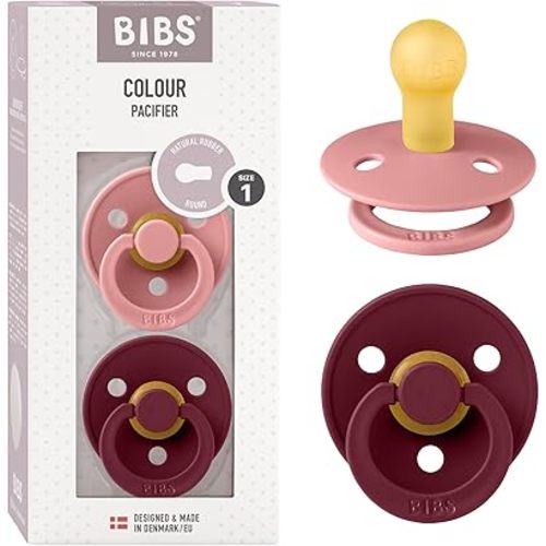 BIBS Pacifiers Colour Collection | Natural Rubber Baby Pacifier | Set of 2 BPA-Free Soothers | Made in Denmark | 0+ Months (Pack of 2) | Dusty Pink/Elderberry
