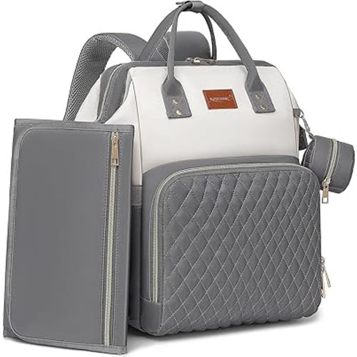 Baby Diaper Bag Backpack with Changing Pad, Pacifier Case, for Boy Girl Toddler - Large, Stylish, Waterproof Travel Quilted Diaper Bag for Mom - Gray/White