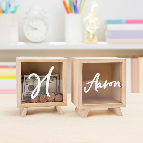 Personalized Simple Style Initial Name Clear Wooden Money Box Piggy Bank with Sliding Entry Kid Room Home Decor Birthday Gift for Boys Girls - CALLIE