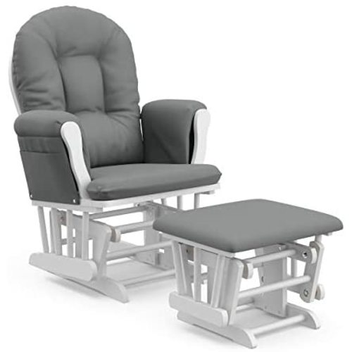 Storkcraft Premium Hoop Glider and Ottoman (White Base, Gray Cushion) – Padded Cushions with Storage Pocket, Smooth Rocking Motion, Easy to Assemble, Solid Hardwood Base