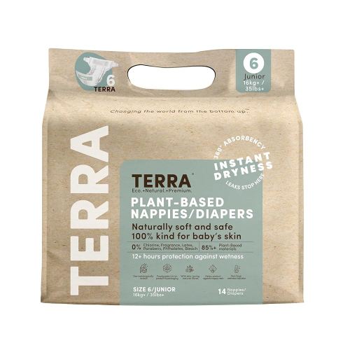 Terra Size 6 Diapers: 85% Plant-Based Diapers, Ultra-Soft & Chemical-Free for Sensitive Skin, 35+ Pounds, 14 Coun (Pack of 8)
