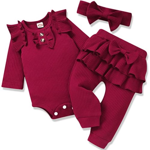 Preemie Newborn Infant Baby Girls Clothes Ribbed Bodysuit Pants Set Fall Winter Outfits - Dark Red