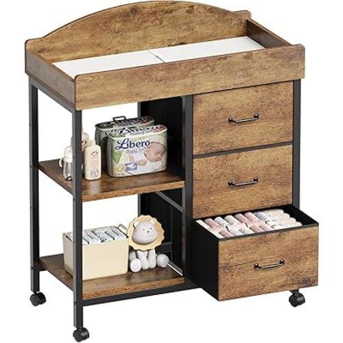 Changing Table Dresser, Baby Dresser with 3 Drawers and 2 Shelves, Multi-Functional Baby Changing Table with Pad, Classic Nursery Dresser, Diaper Changing Station for Kid's Room, Rustic Brown