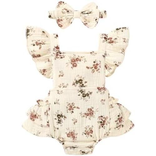 Happy Town Baby Girl Clothes Toddler Summer Linen Romper Sleeveless Ruffle Outfits Infant Girls Jumpsuit with Headband