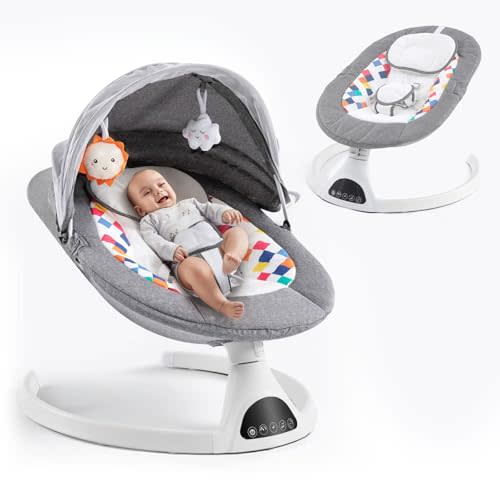 Soobaby Baby Swing for Infants,Electric Bouncer for Babies,Portable Swing for Baby Boy Girl,Remote Control Indoor Baby Rocker with 5 Sway Speeds,Music and Bluetooth,Deep Gray