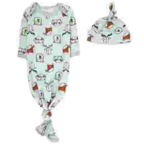 Baby Essentials Long Sleeve Knotted Patterned Sleeping Gown with Matching Night Cap for Newborn Infants 0 - 6 Months for Sleep, Cuddling, Swaddling and Lounge in Wacky Woodlanders