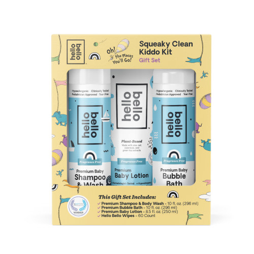 Hello Bello Squeaky Clean Kiddo Kit, Unisex Fragrance-Free Infant & Toddler Bathtime Gift Set