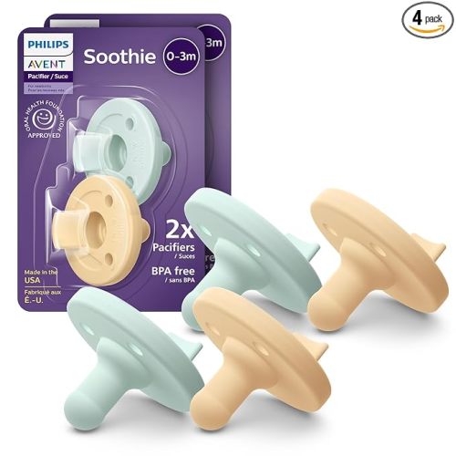 Philips Avent Soothie Baby Pacifiers - 100% Silicone Pacifiers for Babies 0-3 Months, One-Piece Design, BPA-Free, Extra Durable, Green and Yellow, 4 Pack, Model SCF190/71