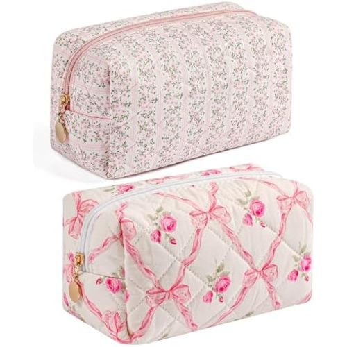 Makeup Bag Travel Cosmetic Bag for Women Girls, Zipper Make Up Pouch, Floral Flowers Toiletry Organizer Makeup, Portable Storage Bag, Cosmetic Travel Cloth Bag (Pink+Pink Bowknot)