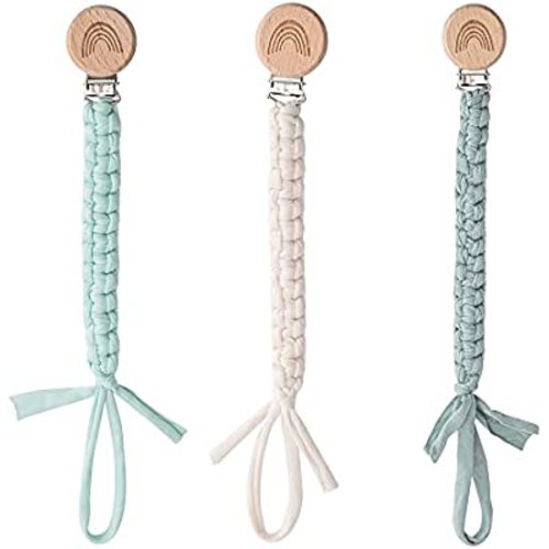Symbolife Pacifier Clip for Boys Girls Pacifier Holder Leash Boho Rainbow Wooden Clips Handmade Braided Cotton Unisex Baby Shower Birthday Gift Christmas Gift