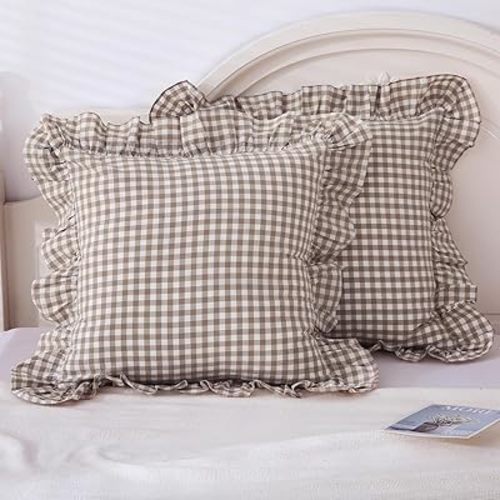 Taupe/White Plaid Euro Pillow Shams Ruffle Pillowcases Set of 2,Shabby Checkered Pillow Cover Washed Cotton Pillow Covers(26"x26",Taupe/White Plaid