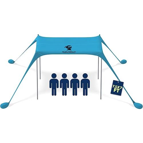 SUN NINJA Beach Tent Sun Shelter UPF50+ - Easy Pop Up Beach Canopy - Outdoor Shade for Camping Trips, Fishing, Backyard Fun Picnics - Sand Shovel, Ground Pegs & Stability Poles