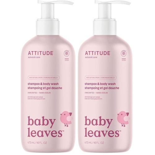 ATTITUDE Baby 2-in-1 Shampoo & Body Wash, EWG Verified, Fragrance Free & Dermatologically Tested, Vegan, Unscented, 16 Fl Oz