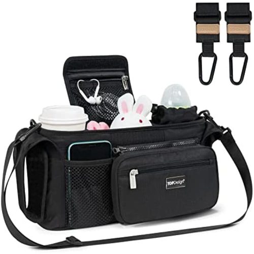 TOPDesign Universal Baby Stroller Organizer, Stroller Caddy with Heightened Insulated Cup Holders & Non-Slip Secure Hooks Accessories, Fits Most Strollers, Machine Washable (Black)