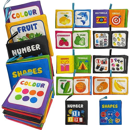 AMINFUN Soft Cloth Baby Book Toy,Black White Fabric Baby Learning Book(Color,Shape,Number123-10,Fruit,Pack of 4),Touch and Feel Crinkle Sound,Early Educational Toy,Gift for Babies Infants Toddlers