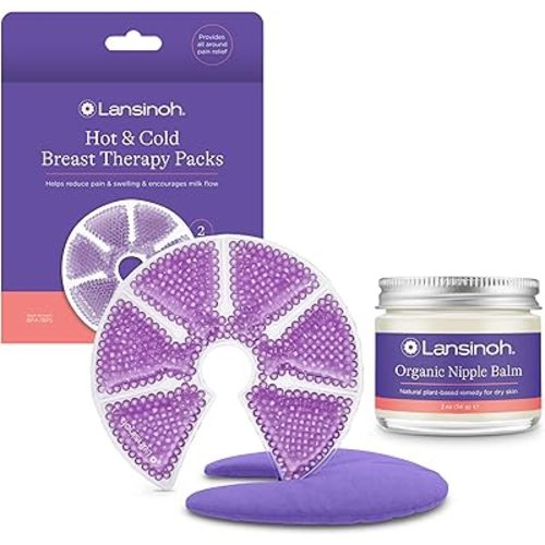 Lansinoh Breast Therapy Packs with Soft Covers, 2 Pack, and Organic Nipple Balm, 2 Ounces, Breastfeeding Essentials for Moms