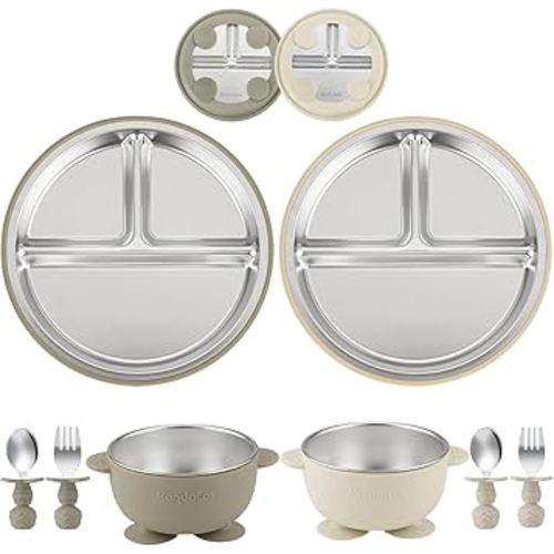 PandaEar 8PCS Baby Feeding Set | Stainless Steel Suction Plates and Bowls with Silicone Fork and Spoon Utensils | Baby Led Weaning Tableware for Toddlers & Kids (Tan & Walnut)