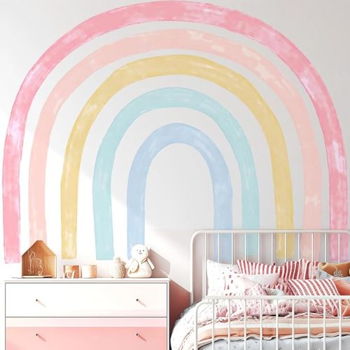 Large Watercolor Rainbow Wall Decals, Colorful Peel and Stick Fabric Nursery Wall Decor, Removable Home Room Wall Decor Murals Stickers for Kids Girls Toddler Bedroom Living Room Playroom