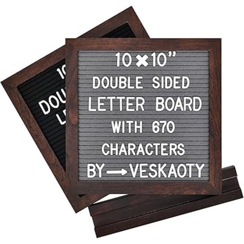 Double Sided Felt Letter Board with 670 Letters, Numbers & Symbols - 10 x 10 inch Changeable Message Board with Wooden Base (Black & Gray)