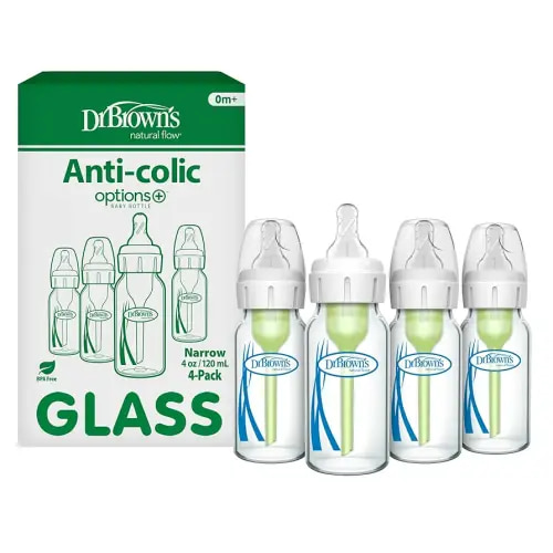 Dr. Brown's Anti-Colic Options+ Narrow Glass Baby Bottle with Level 1 Slow Flow Nipple, BPA-Free, 4 oz/120mL, 4-Pack