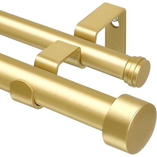 KAMANINA 1 Inch Double Curtain Rod 36 to 72 Inches (3-6 Feet), Gold Heavy Duty Curtain Rods for Windows, Telescoping Double Drapery Rods with End Caps