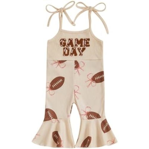 Toddler Baby Girl Football Outfit Spaghetti Strap Bell-Bottom Jumpsuit Romper Game Day Overalls Girls Clothes
