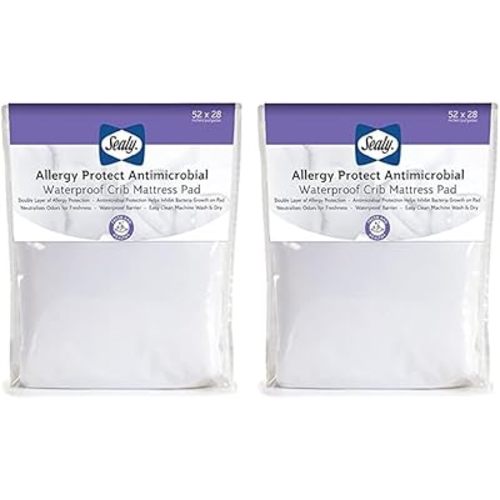 Sealy Baby Allergy Protect Antimicrobial Fitted Waterproof Infant Crib Mattress Protector Pad and Toddler Bed Cover, Durable & Comfortable Topper, Machine Washable & Dryer Friendly, 52” x 28”- White