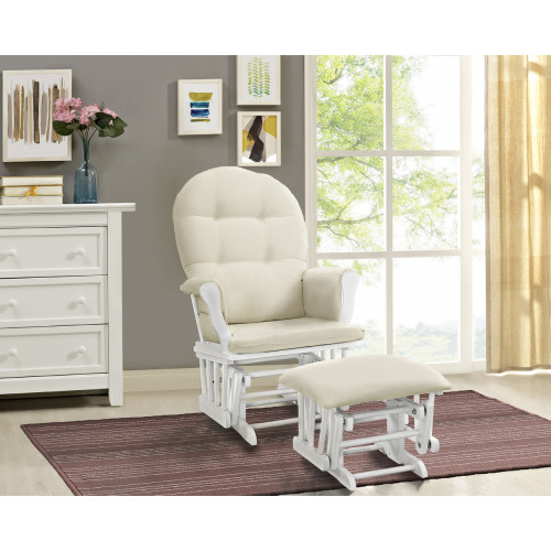 Angel Line Windsor Glider and Ottoman, White Finish with Beige Cushions