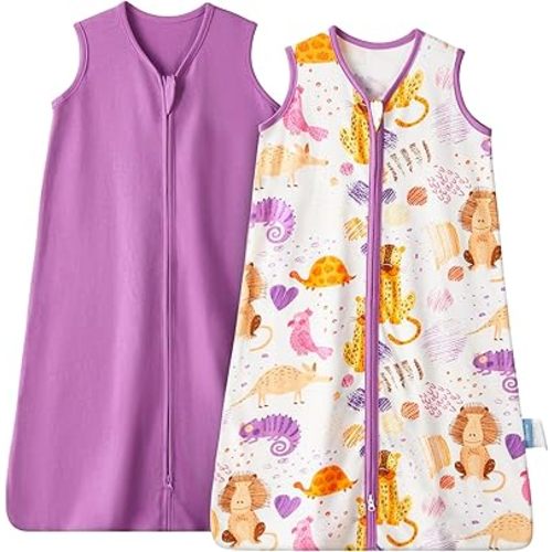 TILLYOU Sleep Sack 0-6 Months - 2 Pack Baby sleep sacks 0.5 TOG with 2-Way Zipper, Lightweight Cotton Sleeping sack, Animal graffiti &purple