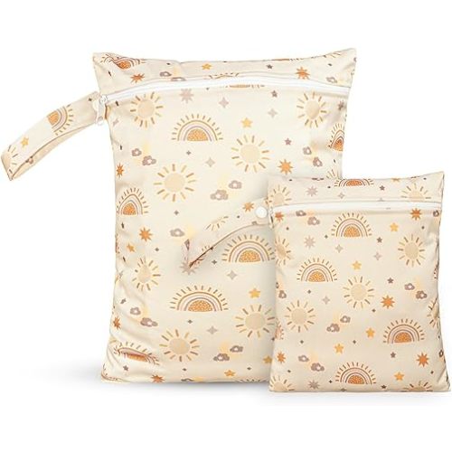 2 Pcs Wet Bags Waterproof Reusable Zippered Pocket Cloth Diaper Wet Dry Bags for Travel Beach Pool Swim, Baby Diapers,Gym Yoga Wet Clothes,Swimsuit,water wipes (Moon Star)