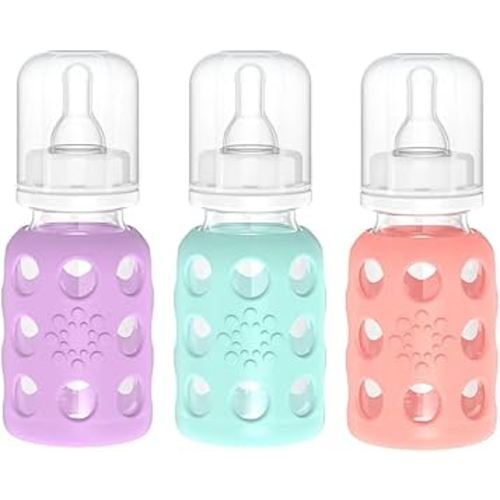 Lifefactory Glass Baby Bottles with Silicone Protection - 3-Pack, 4 Ounce Bottles, (1- Lavender, 1- Mint & 1- Cantaloupe)