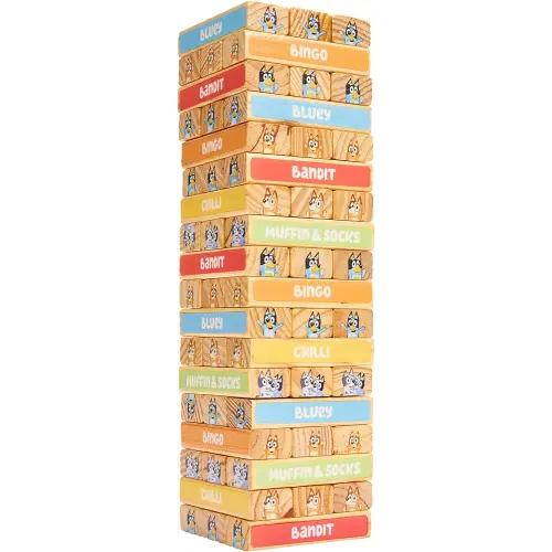 BLUEY Tumbling Tower – 54 Colorful Wooden Blocks – Fun Family Game – FSC Certified for Children 3 Years and Up