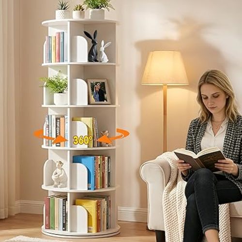 RUNSUNSPRI 5 Tier Rotating Bookshelf Tower, Spinning Bookshelf, Revolving 360° Bookcase Storage Round Carousel, Vertical Rotate Turning Spiral Corner Organizer Lazy Susan, White
