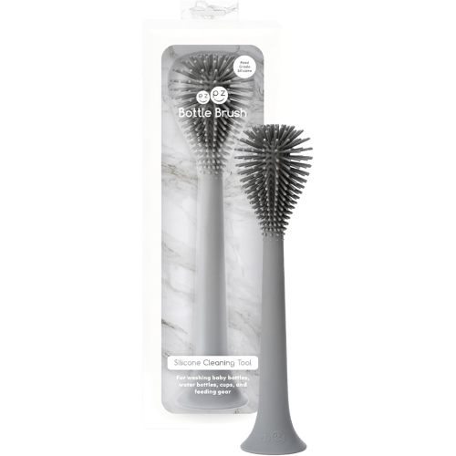 ezpz Silicone Bottle Brush (Gray) - Cleaning Tool With Long Sturdy Handle - Flexible Top for Tight Spaces - Gently Cleans Cups, Glasses, and Accessories - Suction Base, BPA-Free