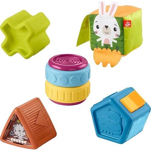 Fisher-Price Baby Toy Busy Activity Sensory Blocks with Fine Motor Activities for Infants and Toddlers Ages 6+ Months