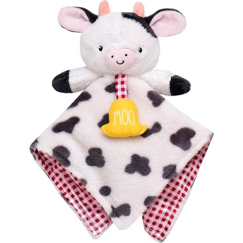 Baby Starters Plush13 in. Snuggle Buddy Blanket with Crinkle, Rattle and Satin, Farm Cow, Black and White with Red Gingham