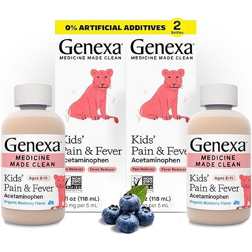 Genexa Kids’ Clean Pain & Fever Acetaminophen, Dye Free, 0% Artificial Additives, Delicious Organic Blueberry Flavor, Liquid Oral Suspension Medicine, Children 2-11, 160 mg per 5mL, 8 fl oz (2 Pack)
