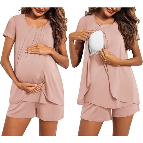 Ekouaer Women's Maternity Nursing Pajamas Set Breastfeeding Sleepwear Double Layer Short Sleeve Top & Shorts Nursing Pjs