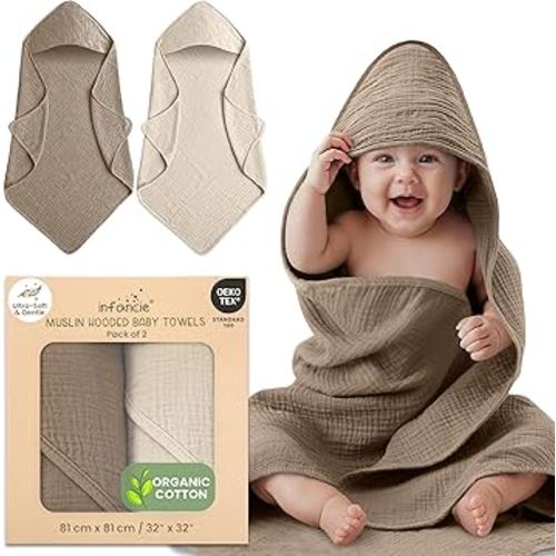 100% Organic Cotton Muslin Baby Hooded Towels 32x32 Inch – 2 Pack Soft & Absorbent Hooded Baby Towels For Boys & Girls, Premium Hooded Towels, Ultra-Gentle Baby Essentials in Deep Olive/Ivory
