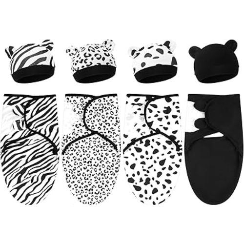 Buryeah 4 Pack Preemie Swaddle Blanket Wrap Set with Hat for Baby Boys Girls 3-7 Lbs Preemie Newborn Clothes Sleepers Cap