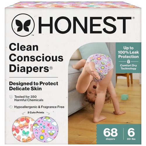 The Honest Company Clean Conscious Diapers for Delicate Skin | Up to 100% Leakproof | Hypoallergenic, Fragrance Free | Girl Prints | Super Club Box, Size 6 (35+ lbs), 68 Count (Prints May Vary)