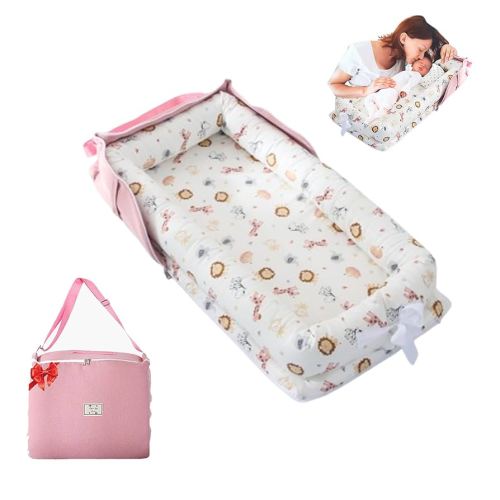 Baby Lounger for Newborn Portable Bag,Baby Nest Play Gym mat with Strap,Newborn Lounger Adjustable Size & Inner Zipper Lengthen Space to 24 Months(Animal World Pink)
