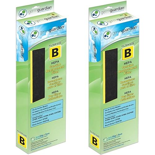 GermGuardian HEPA Pure Genuine Air Purifier Filter B, Removes 99.97% of Pollutants, Wildfire Smoke, Odors, for AC4825, AC4300, AC4900, AC4880, AC4850, CDAP4500, 2-Pack, Black/Yellow, FLT48252PK