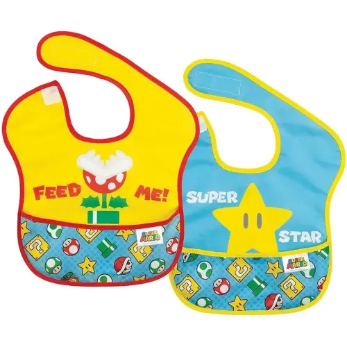 Bumkins Nintendo Bibs for Girl or Boy, SuperBib Baby and Toddler for 6-24 Months, Essential Must Have for Eating, Feeding, Baby Led Weaning, Waterproof Soft Fabric, 2-pk Super Mario Expressions