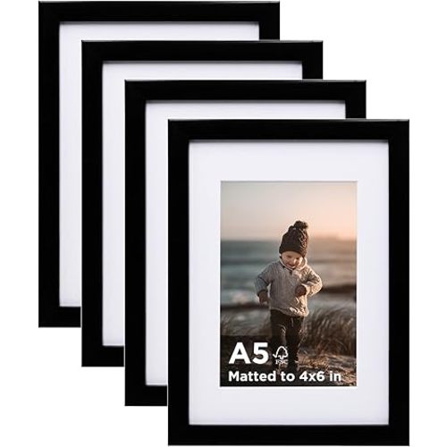 KINLINK A5 Picture Frame Black Set of 4, Wooden Photo Frames Matted 4x6 with Plexiglass for 4x6 with Mat or A5 without Mat for Table and Wall Display