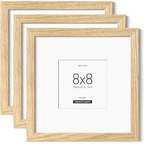 8x8 Picture Frames with Mat for 4x4 set of 3, Solid Oak Wood Frame with Tempered Glass for Wall Mount(3 Pack,Oak)