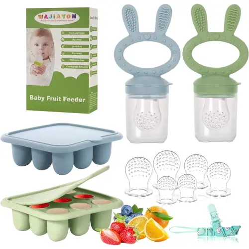 WAJIAYON Baby Breastmilk Popsicle Molds & Baby Fruit Feeder (4 Pack), Baby Food Freezer Tray Storage Containers, Silicone Teething Pacifier Feeder and Teether for Babies,Moss and Fawn Baby Feeder