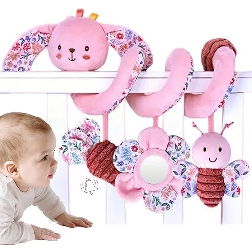 Spiral Car Seat Toy for Babies 0-6-12 Months Girl Boy, Stroller Baby Toys 0-3-4-5-6 Month Old Newborn Travel Shower Gifts, Carseat Hanging Sensory Toy Bunny for Infant Rattle, Mirror, Crinkle